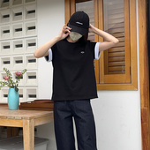 JustaLit2025夏撞色拼接笑脸印花圆领短袖 T恤女宽松百搭休闲上衣