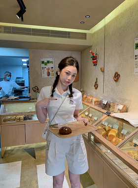 Justalit“早咖”POLO衫翻领T恤修身收腰刺绣学院风短袖韩系