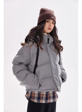 Just a liT夜光变色羽绒棉服 宽松加厚连帽冬季外套女灰色面包服