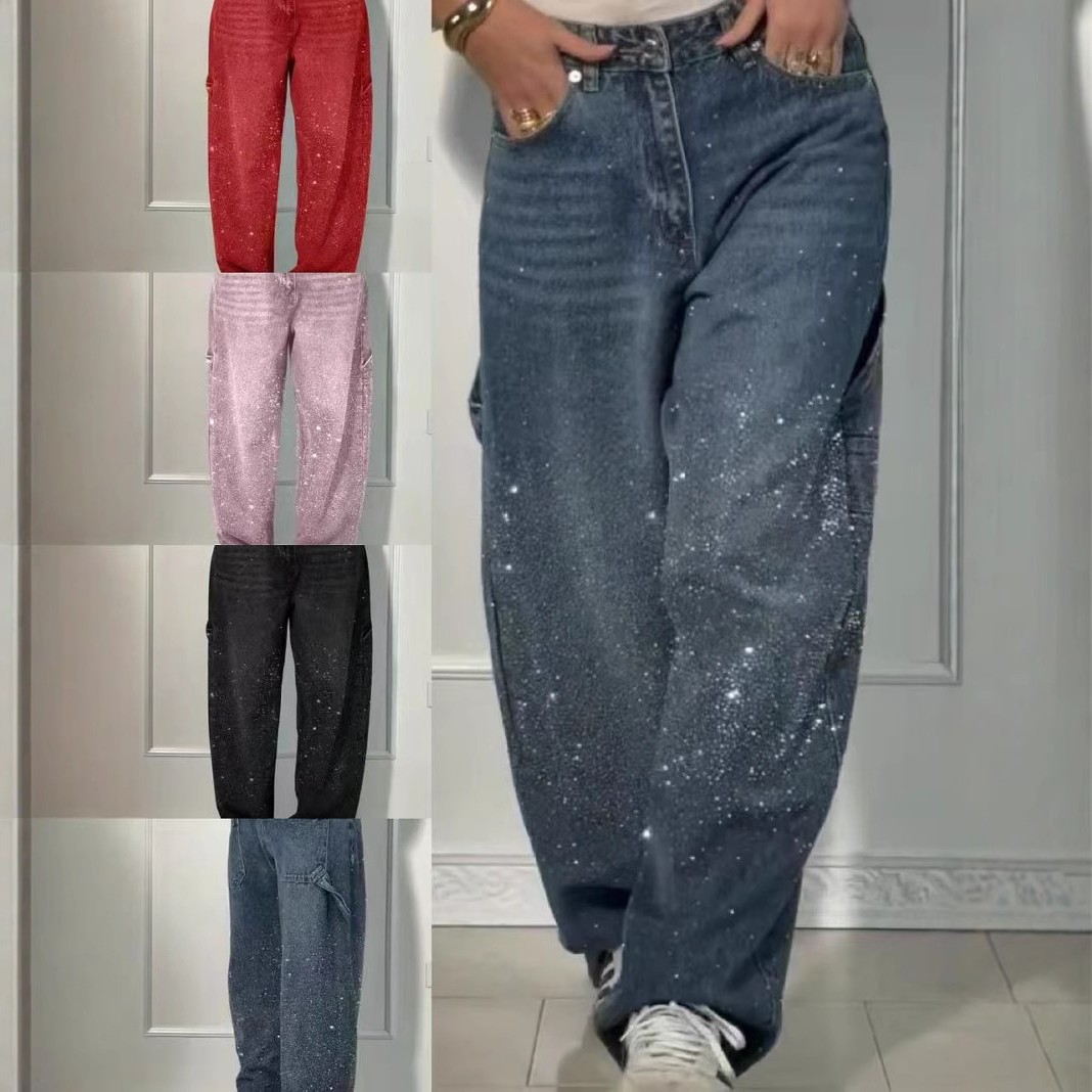 亚马逊新款女装 欧美时尚满天星烫钻牛仔裤休闲长裤女