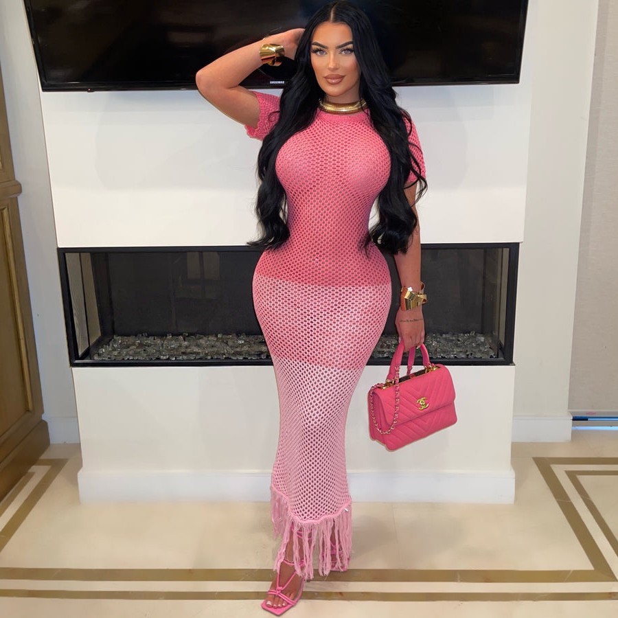 众思创跨境电商欧美女装性感针织流苏沙滩长裙夏季短袖长裙