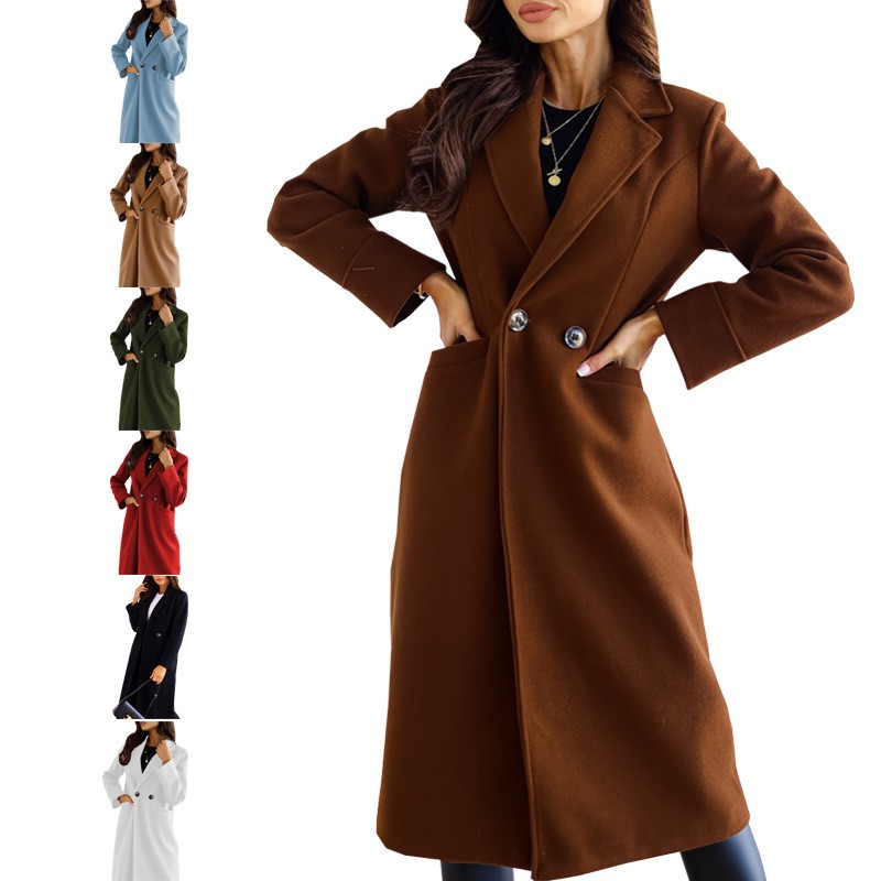 秋冬新款欧美女装亚马逊简约纯色双排扣长袖翻领纽扣毛呢外套
