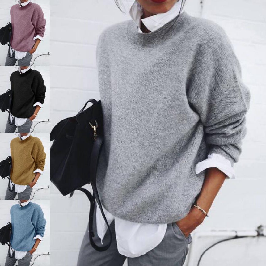 秋冬跨境新款亚马逊欧美衬衣领长袖假两件毛衣外套女