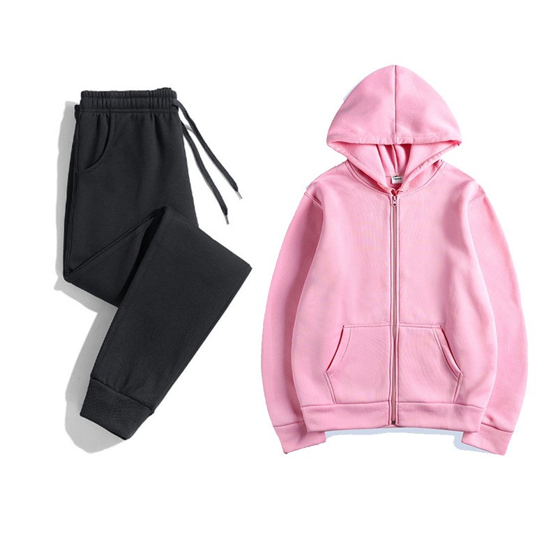外贸秋冬拉链衫连帽卫衣+卫裤件套运动服纯色情侣连帽衫卫衣套装