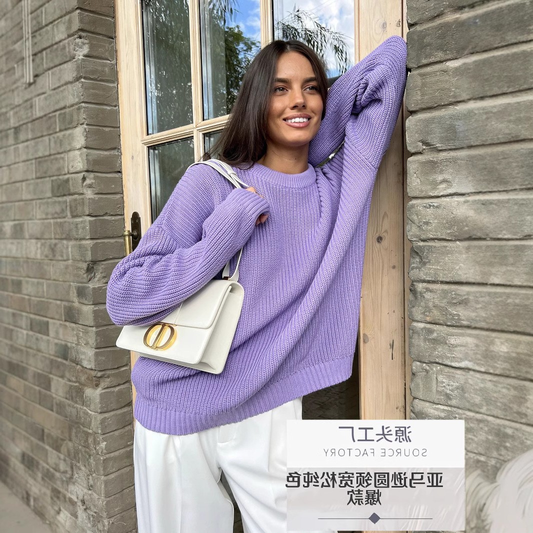 跨境亚马逊宽松秋冬搭配新款圆领时尚套头毛衣女式纯色宽松版