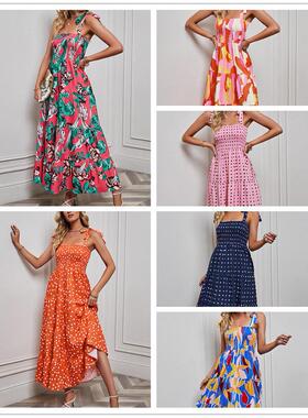 吊带夏女连衣裙Printed backless suspenders women long dresses