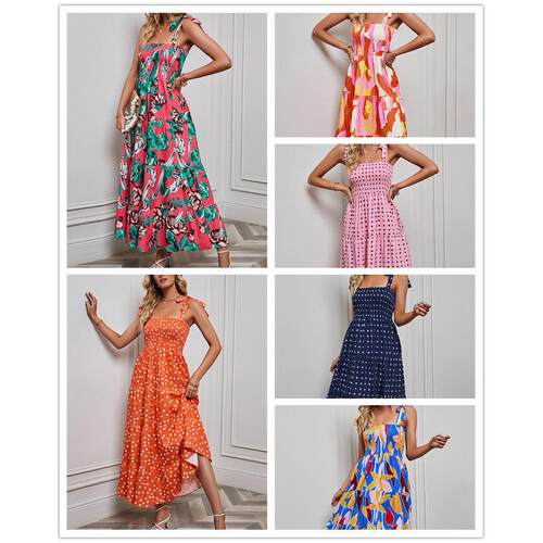 吊带夏女连衣裙Printed backless suspenders women long dresses
