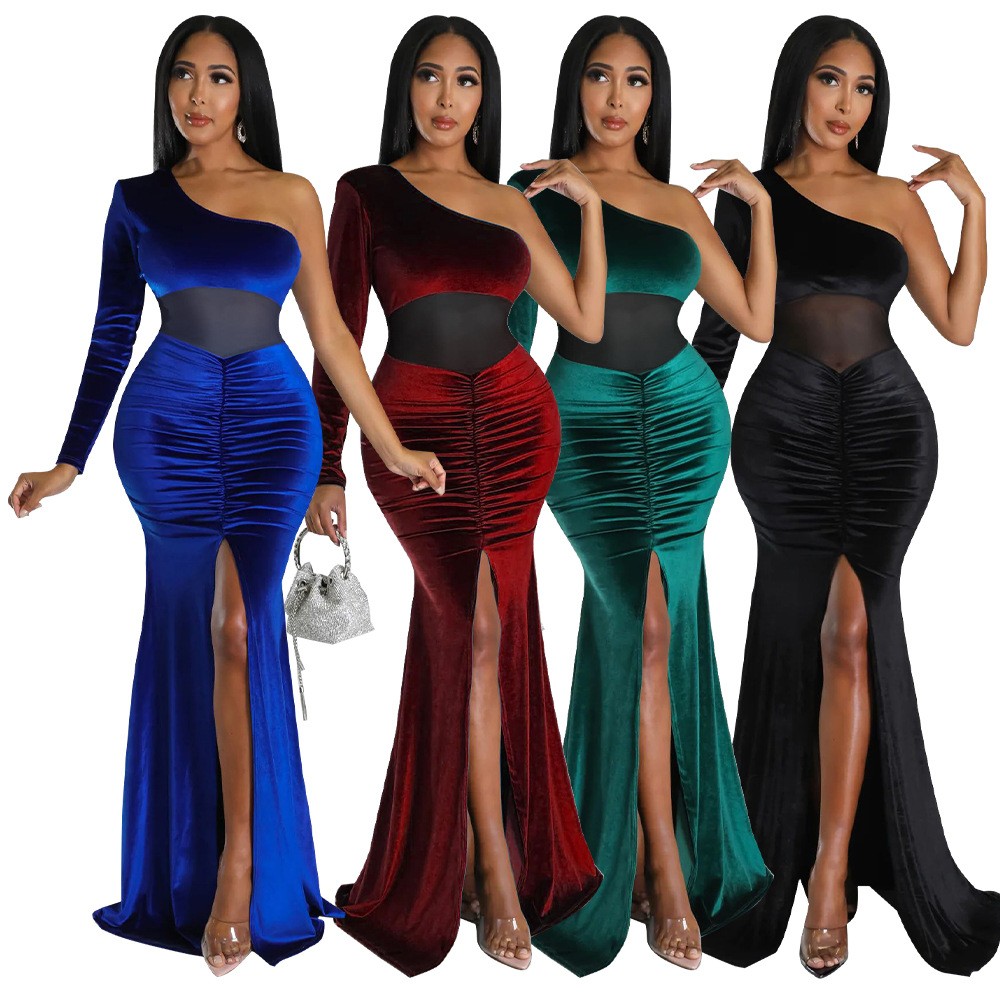 亚马逊欧美跨境女装秋冬爆款斜领褶皱开叉纯色鱼尾连衣裙新