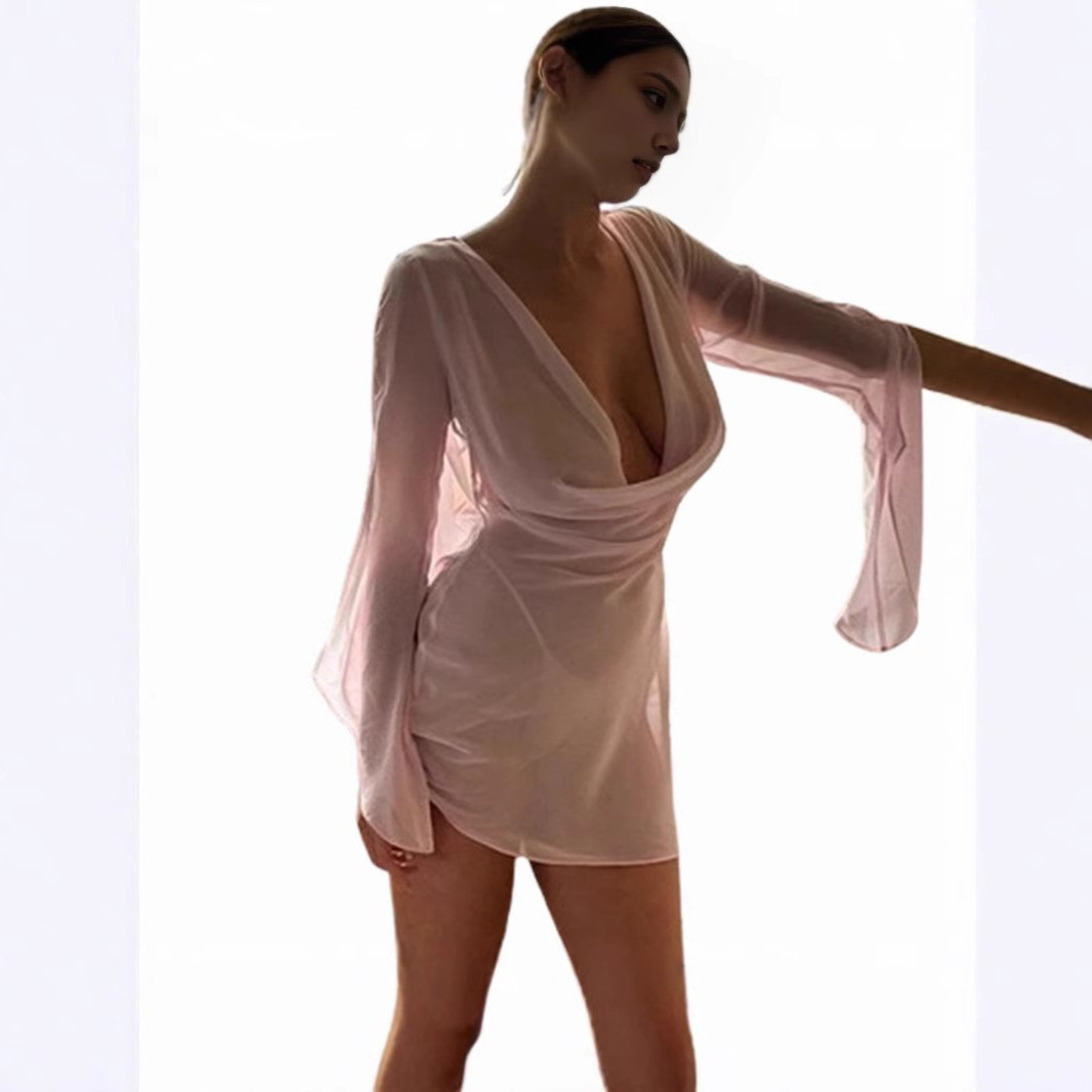 欧美跨境女装夏季新款性感透视荡领长袖露背高腰短连衣裙女