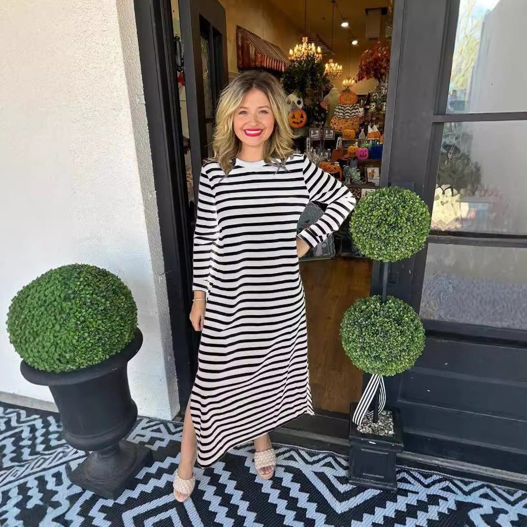 秋季新款时尚条纹印花简约休闲长袖开叉连衣裙欧美亚马逊长裙,个性定制/设计服务/DIY,连衣裙加工定制,淘宝优惠券,粉丝福利购,淘宝优惠卷