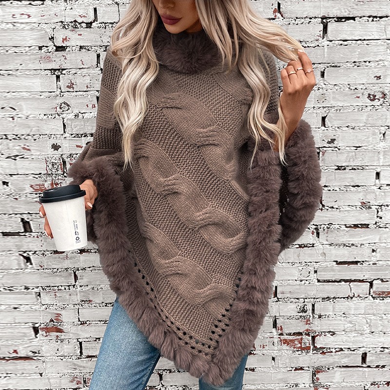 毛毛雨欧美跨境女装年秋冬新款仿獭兔毛领粗麻花套头毛衣斗篷