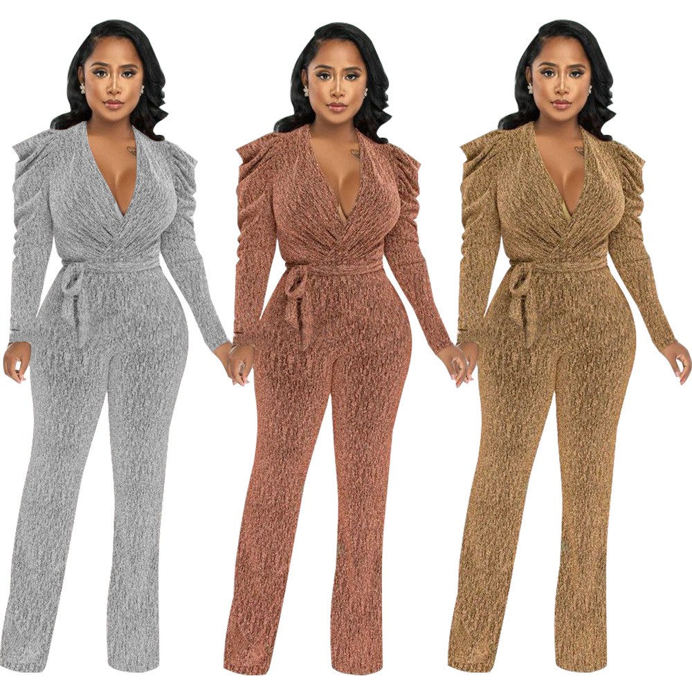 速卖通欧美跨境女装性感收腰领泡泡袖亮面针织连体裤新