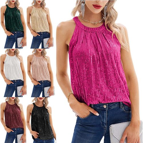 跨境欧美外贸女装 亚马逊夏季新款女式亮片吊带派对背心衬衫