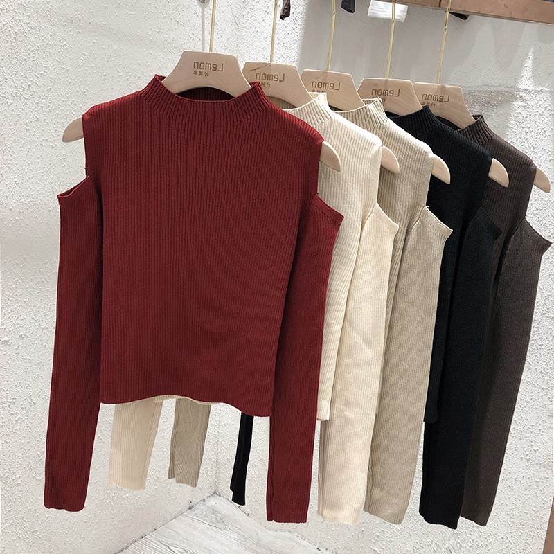 毛衣女年新款早秋露肩上衣秋装高腰显瘦短款黑色打底衫针织衫