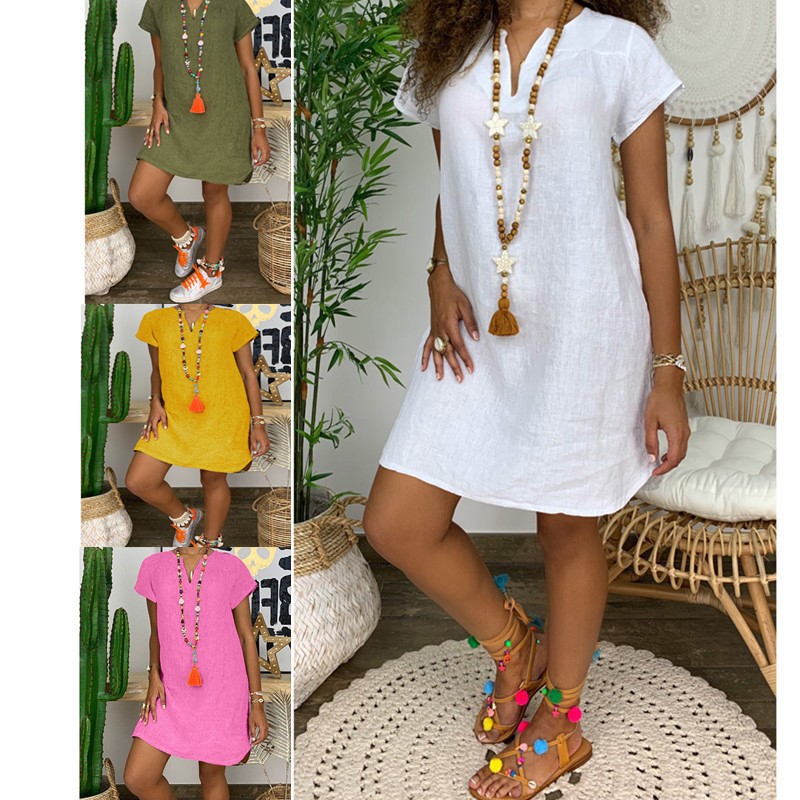 亚马逊款 夏季宽松纯色短袖领棉麻连衣裙女装现货