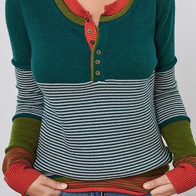 秋季跨境新款条纹拼色针织衫女单排扣套头上衣休闲百搭毛衣