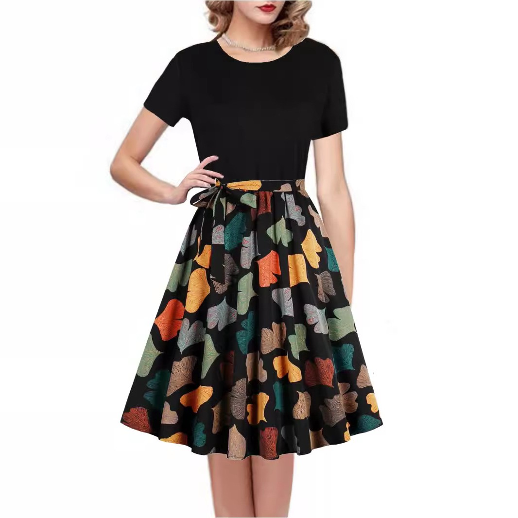 跨境热销圆领复古印花短袖连衣裙