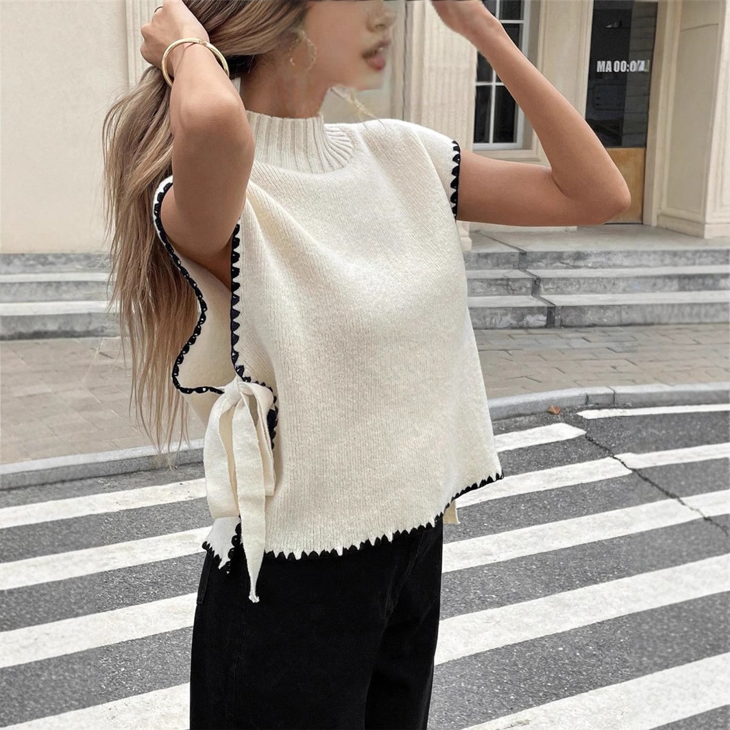 欧美跨境速卖通女士无袖毛衣背心简约设计撞色蝴蝶结系带上衣