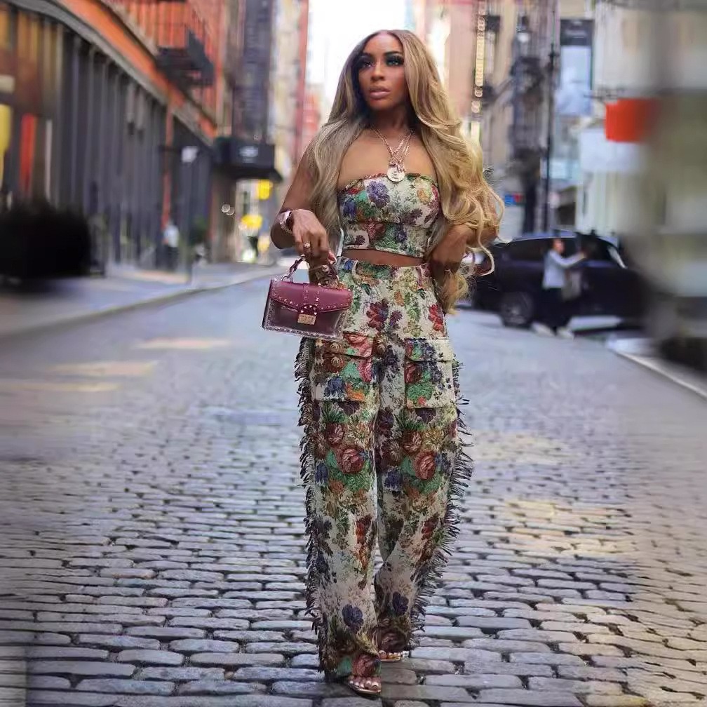 跨境电商欧美女装性感系带裹胸流苏长裤女士提花时尚套装