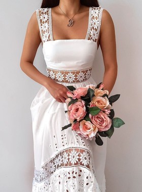 dresses 夏季森系仙气无袖宽肩带勾花镂空连衣裙白色沙滩仙女长裙