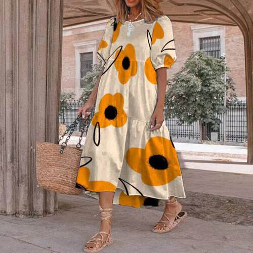 甜美夏季欧美速卖通大尺码胖MM圆领大花宽松时尚短袖洋装女DRESS