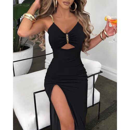 链条肩带开叉修身连衣裙 Chain Decor Cutout High Slit Dress