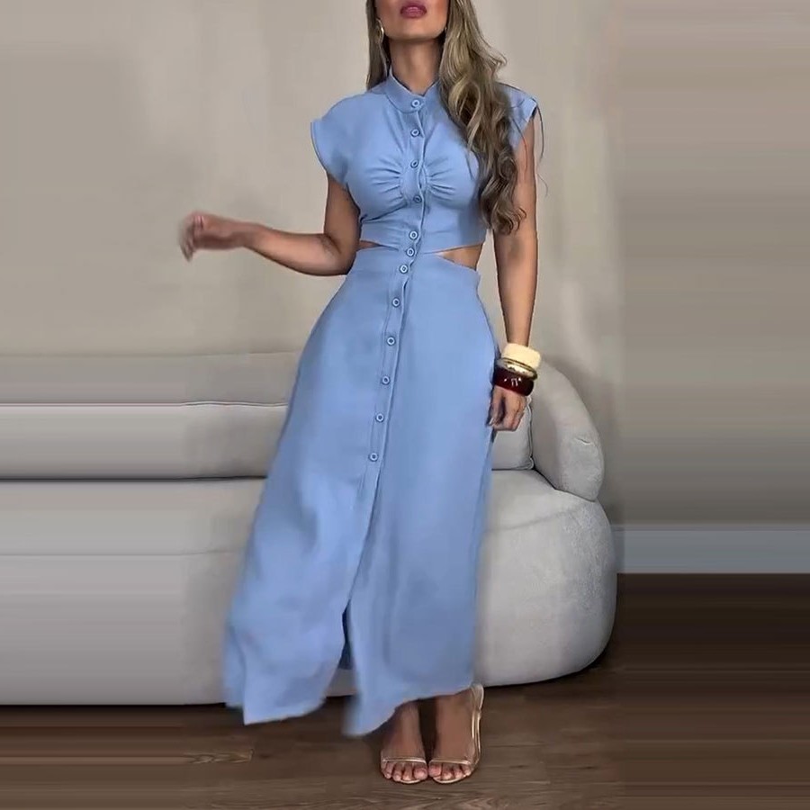 亚马逊跨境夏季欧美外贸新款女装时尚修身单排扣袖连衣裙女