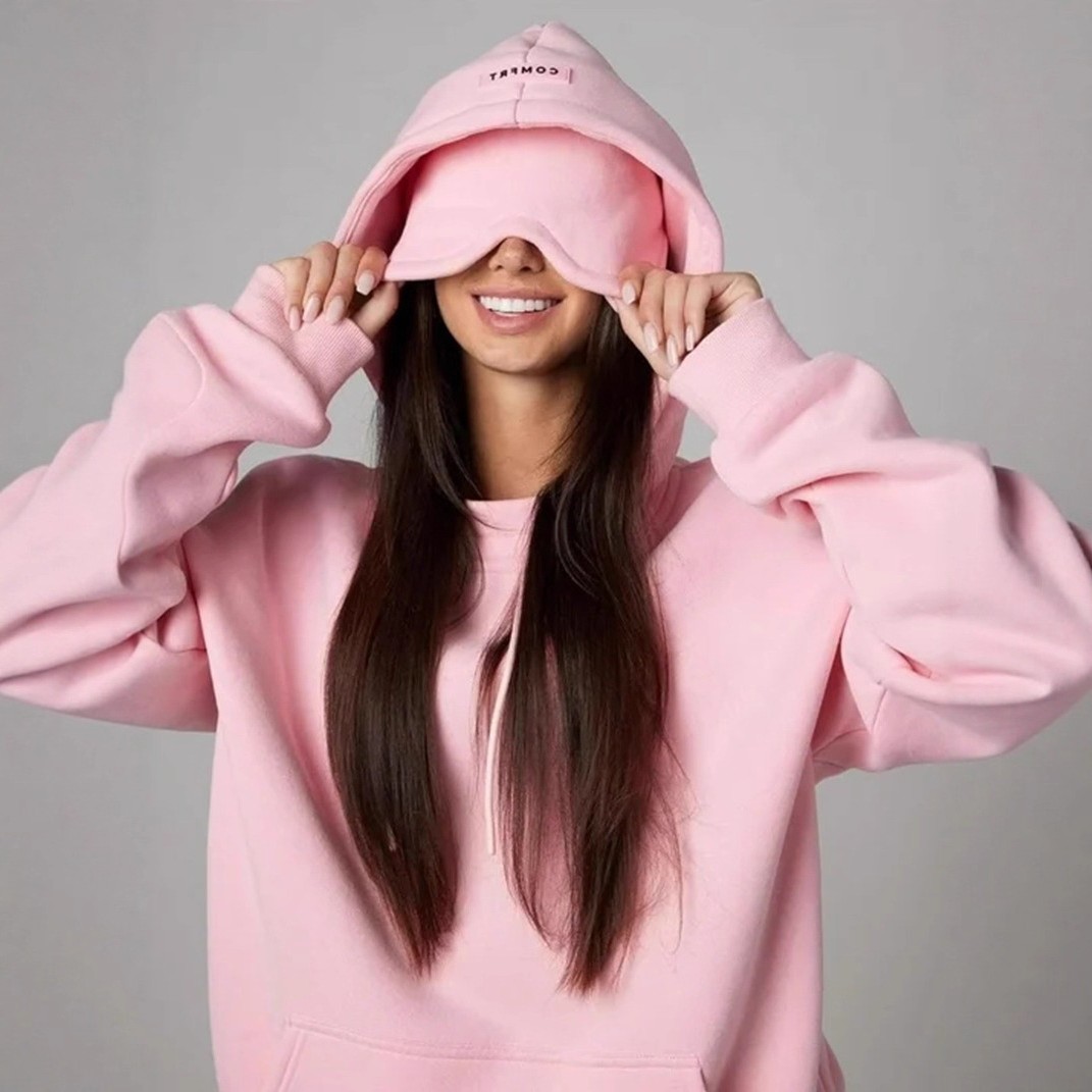 跨境欧美秋冬新款亚马逊内置眼罩连帽衫纯色套头长袖卫衣套装