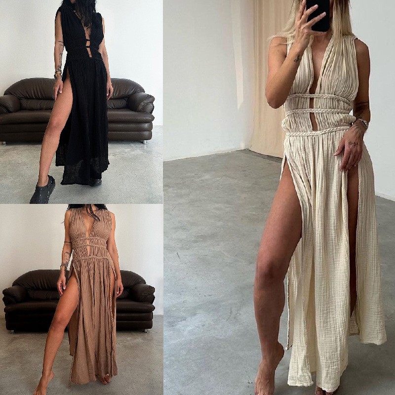 外贸跨境独立站波西米亚风格亚麻混纺无袖辫子腰带镂空开衩长裙