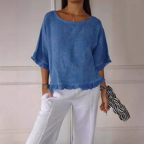 新外贸独立站跨境夏季女式短袖圆领棉麻纯色宽松版欧美衬衫女