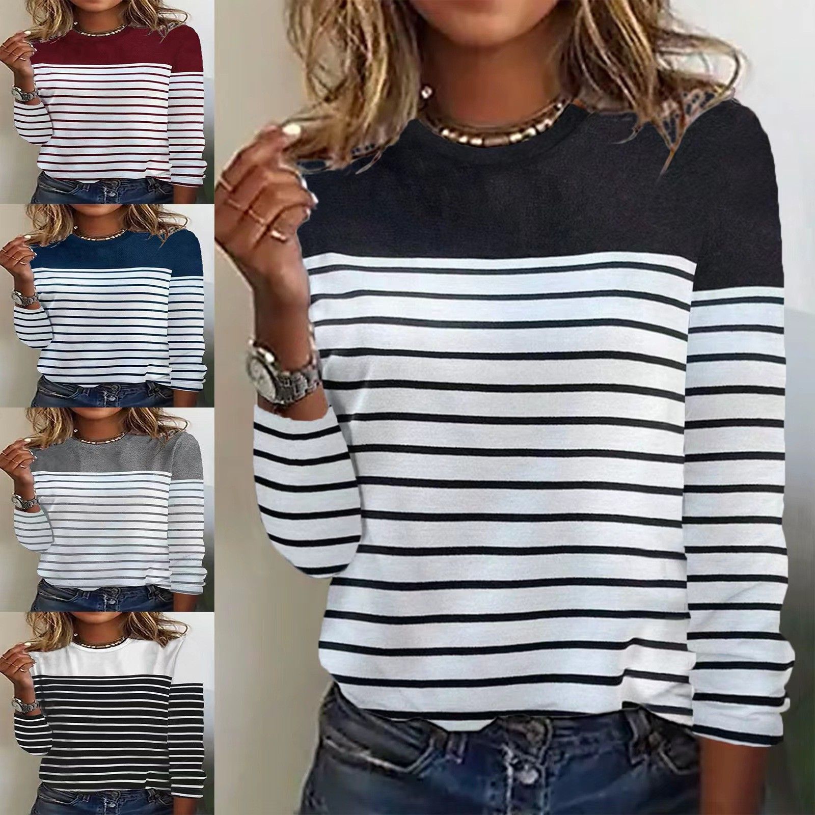 秋冬新款亚马逊独立站热卖长袖条纹双色印花拼接圆领上衣恤