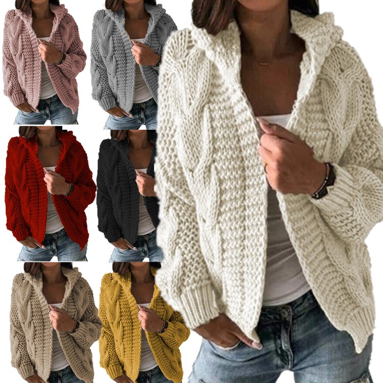 外贸新款欧美秋冬新款亚马逊麻花帽子开衫粗线针织衫毛衣女