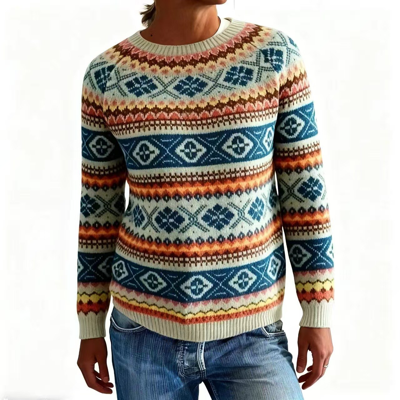 亚马逊欧美新款毛衣女热卖圆领拼色宽松时尚套头针织衫