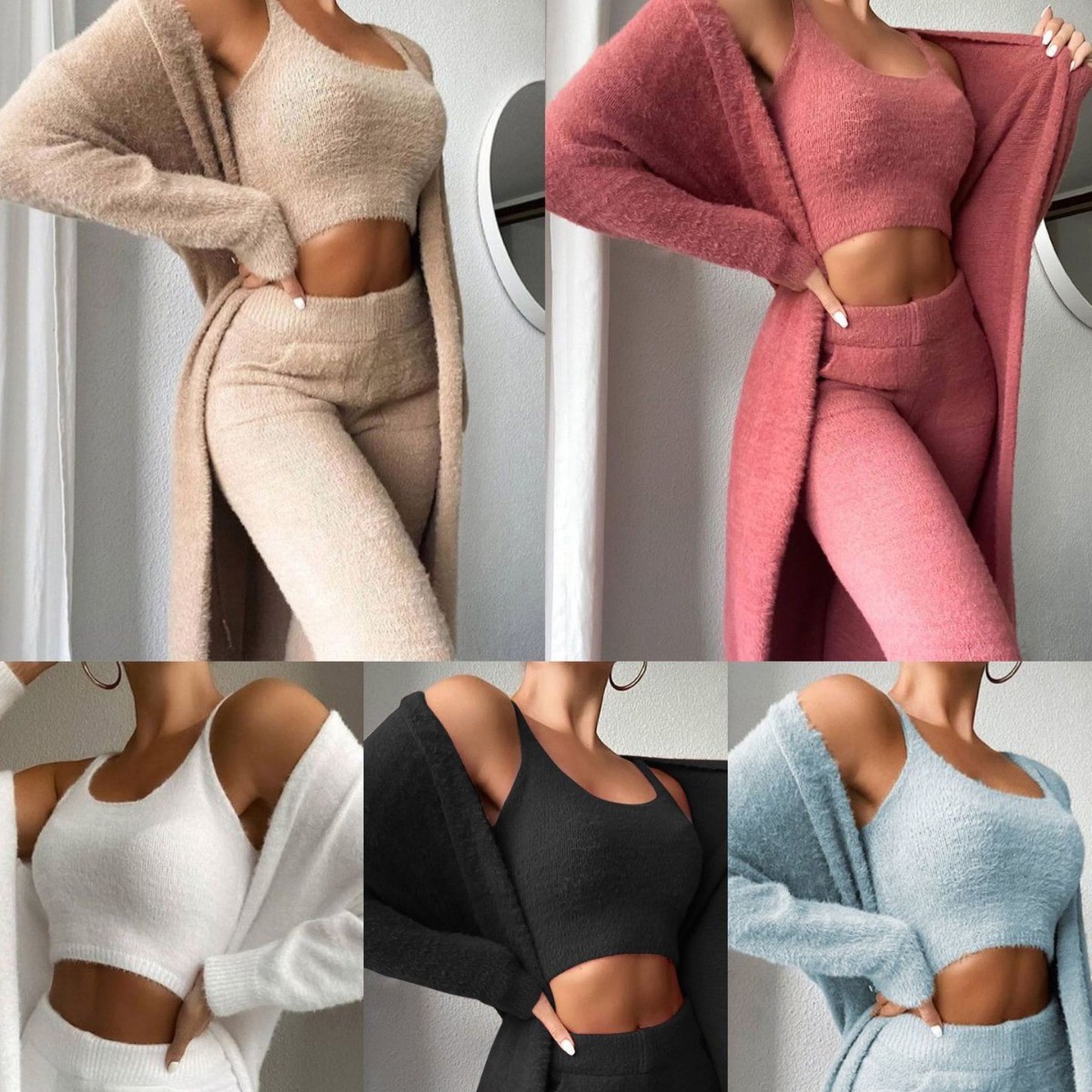 现货实拍！欧美新款性感领毛绒短款背心长裤三件套 套装女