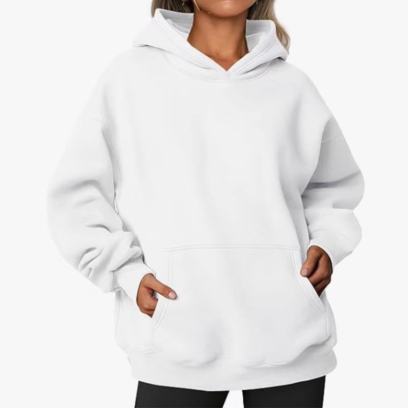 欧美街头嘻哈连帽卫衣女纯色秋冬抓绒长袖插袋宽松套头运动衫
