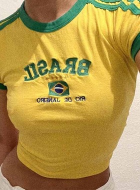 复古美学上衣绿色夏季T恤绣花字母图案短袖婴儿露脐装女士