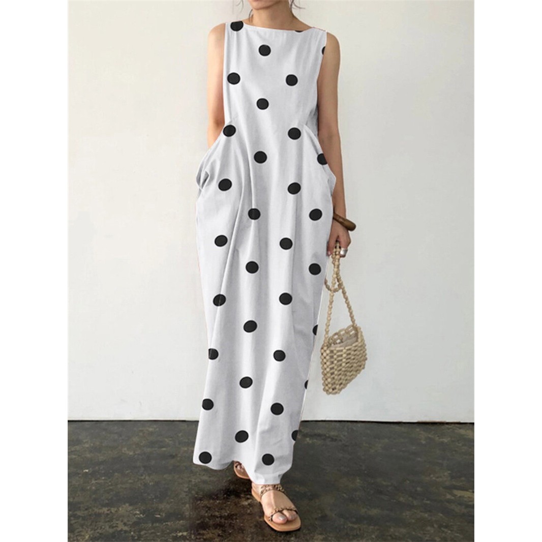 欧美亚马逊夏季新款女装长裙波点印花口袋宽松休闲圆领连衣裙