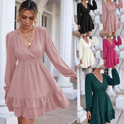 V-necked long-sleeved slim dress with ruffled edges V领裙