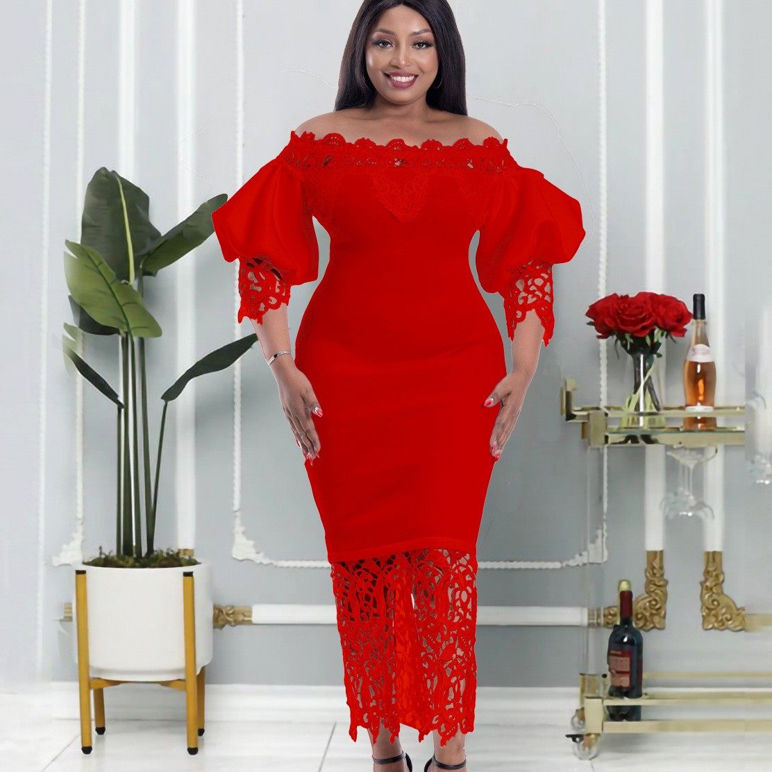 跨境新款一字肩露肩包臀蕾丝拼接灯笼袖欧美礼服裙外贸连衣裙,模玩/动漫/周边/娃圈三坑/桌游,lolita洛丽塔连衣裙,淘宝优惠券,粉丝福利购,淘宝优惠卷