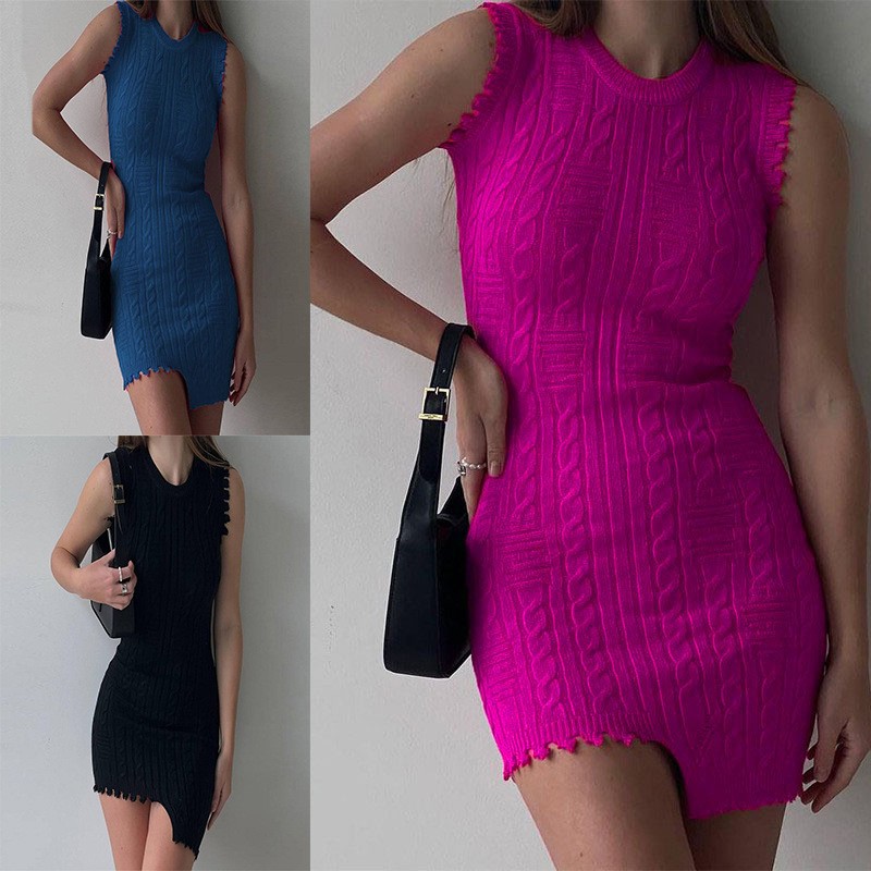 外贸新款毛衣流苏针织麻花紧身短裙不规则无袖圆领连衣裙女装