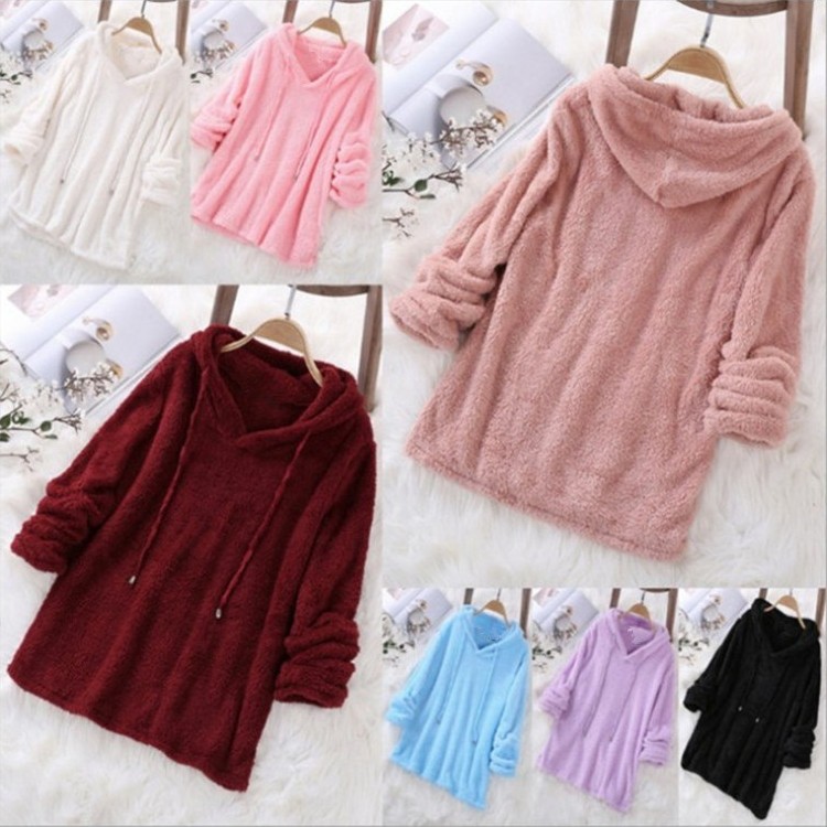 欧美亚马逊秋冬爆款纯色长袖连帽毛毛双面绒毛绒卫衣睡衣女