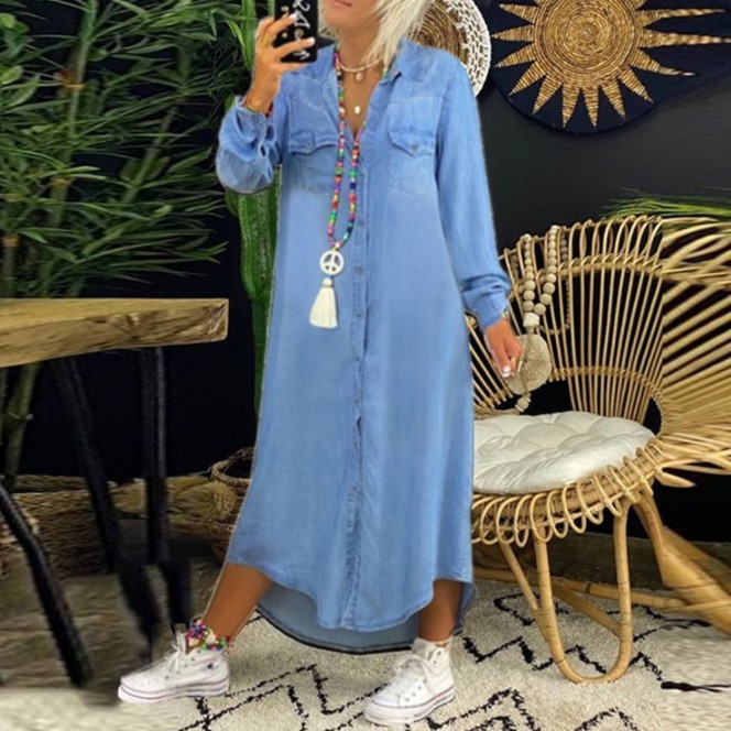 欧美速卖通 亚马逊新款衬衣领牛仔休闲裙长裙