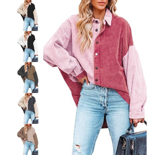 亚马逊秋冬新款独立站欧美跨境外贸女装拼色灯芯绒衬衫