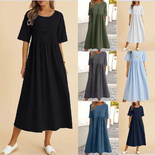 Loose round neck with inset pockets, mid-length dress 大摆裙