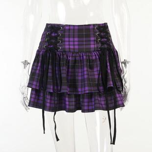 半身裙拼接修身 2022欧美新款 时尚 法式 skirt 性感绑带格纹短裙sexy