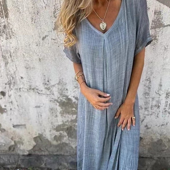 新款亚马逊独立站欧美跨境时尚棉麻  领半正式连衣裙