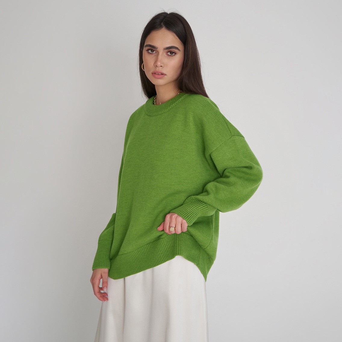 跨境纯色圆领毛衣欧美秋冬新款气质通勤百搭休闲圆领针织毛衣