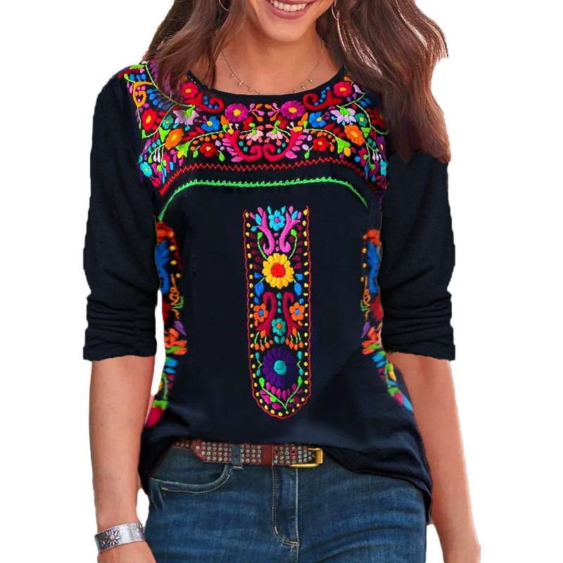 秋季外贸新款女装独立站爆款波西米亚印花圆领长袖恤上衣女