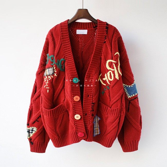 时尚慵懒风刺绣毛衣女秋冬新款字母设计感宽松针织衫外套潮