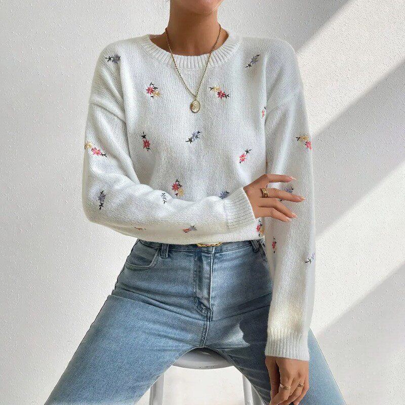 秋冬时尚新款针织毛衣亚马逊外贸女装提花气质圆领领长袖百搭上衣